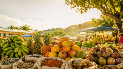Étal coloré de fruits exotiques et d'épices sur un marché antillais en Guadeloupe, lumière du matin.