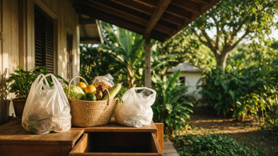 Sacs de courses au matin, ombre tropicale près d’un logement au Lamentin.