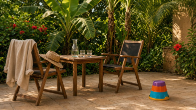 Terrasse ombragée d’un logement tropical en fin d’après-midi, chaises en bois et végétation verte sous une lumière dorée